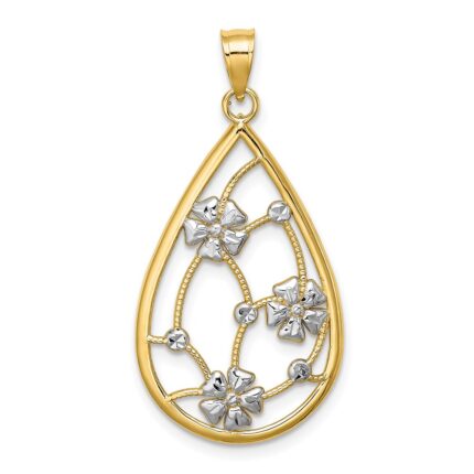 14k and White Rhodium Flowers In Teardrop Frame Charm