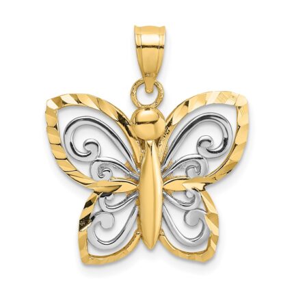 14k and White Rhodium Diamond-cut Butterfly Pendant