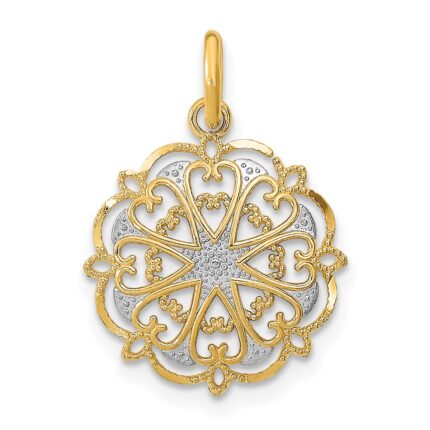14K and White Rhodium and Diamond-cut Filigree Heart Round Charm
