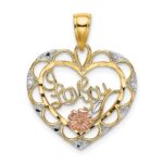 14k Two-one and White Rhodium I LOVE YOU Heart with Flower Charm