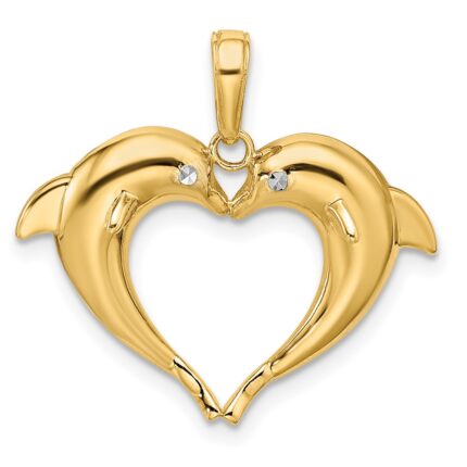 14k and White Rhodium Double Dolphin Heart Pendant
