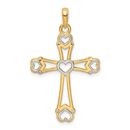 14K and White Rhodium Diamond-cut Cross with Hearts Pendant
