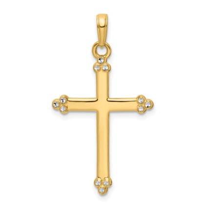 14K and White Rhodium Diamond-cut Budded Cross Pendant