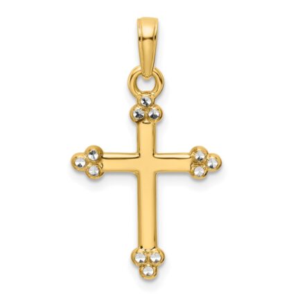 14K and White Rhodium Diamond-cut Budded Cross Pendant