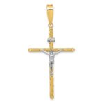 14K and White Rhodium Polished and Textured INRI Crucifix Cross Pendant