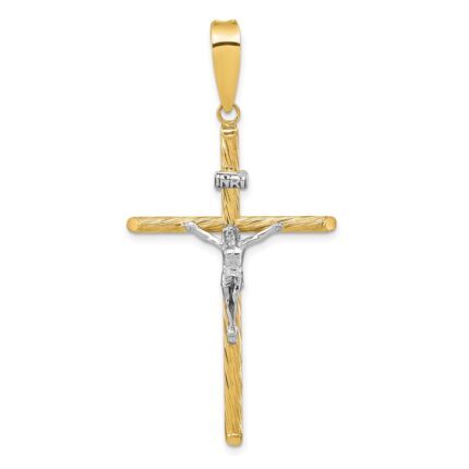 14K and White Rhodium Polished and Textured INRI Crucifix Cross Pendant