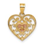 14k Two-tone Polished And Textured Fancy Filigree Heart In Heart Pendant - Image 3