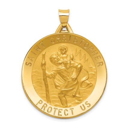 14k Polished and Satin Solid Large Saint Christopher Medal Round Pendant