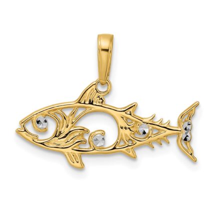 14k and White Rhodium Diamond-cut Fish Pendant