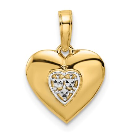 14k and White Rhodium Diamond-cut Puffed Heart Pendant