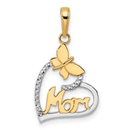 14K with White Rhodium Diamond-cut Butterfly and MOM in Heart Pendant