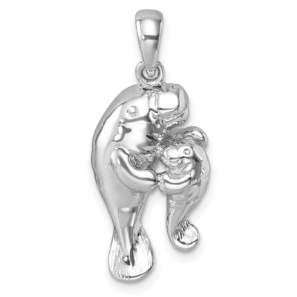 Sterling Silver Rhodium-plated Polished Manatee and Baby Pendant