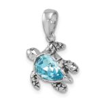 Sterling Silver Rhodium-plated Polished and Antiqued Blue Crystal Turtle Pendant - Image 4