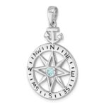 Sterling Silver Rhodium-plated Blue CZ Compass Rose with Small Anchor Pendant - Image 4