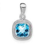 14k White Gold 6mm Cushion Blue Topaz and Diamond Pendant