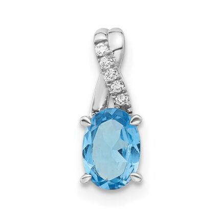 14k White Gold 7x5mm Oval Blue Topaz and Diamond Pendant