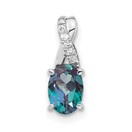 14K White Gold 7x5 Oval June/Lab Created Alexandrite and Diamond Pendant