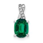 14k White Gold 7x5mm Oval Lab Created Emerald and Diamond Pendant