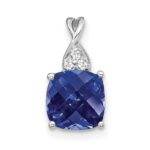 14k White Gold 7mm Cushion Checkerboard September/Lab Created Sapphire and Diamond Pendant