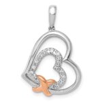 14k White and Rose Gold 1/15 carat Diamond Two Hearts and X Pendant