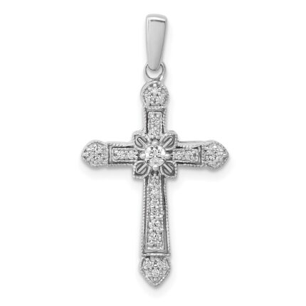 14k White Gold 1/6 carat Diamond Filigree Cross Pendant