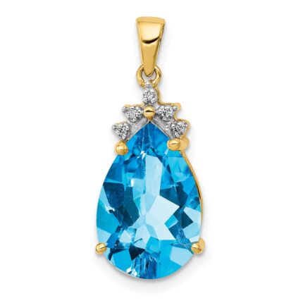 14k Pear 14x9mm Pear Blue Topaz and Diamond Pendant