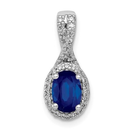14k White Gold Diamond and Oval Sapphire Halo Pendant Fits up to 2mm Regular/3mm Fancy or Reversible Omega