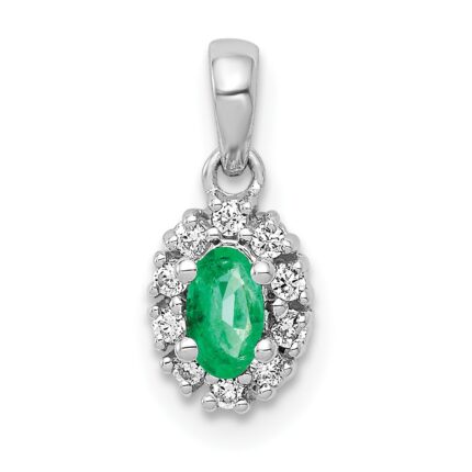 14k White Gold Diamond and Oval Emerald Halo Pendant