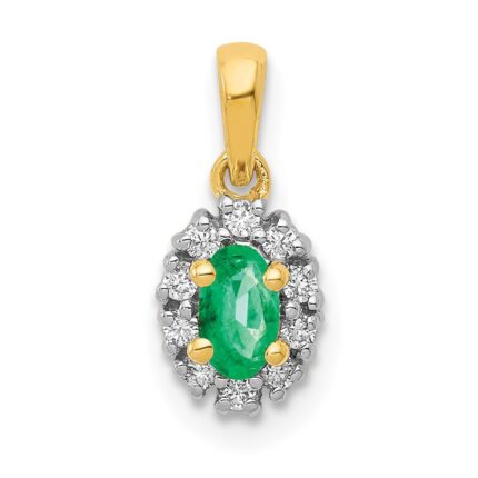 14k with White Rhodium Diamond and Oval Emerald Halo Pendant