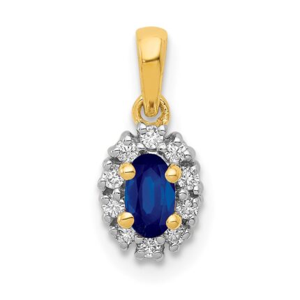 14k with White Rhodium Diamond and .32 Sapphire Oval Halo Pendant