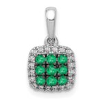 14k White Gold with Black Rhodium Diamond and .19 Emerald Cluster Square Halo Pendant