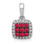 14k White Gold with Black Rhodium Diamond and .23 Ruby Cluster Square Halo Pendant