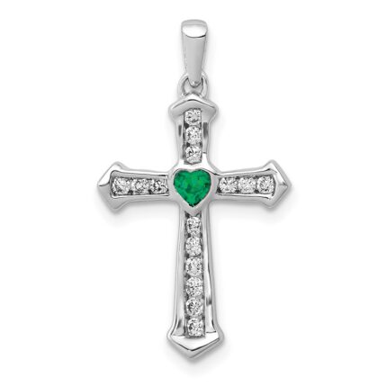 14k White Gold 1/5 carat Lab Grown Diamond VS/SI+ G+ and Lab Created Emerald Complete Cross Pendant