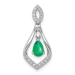 14k White Gold Diamond and Pear Emerald Teardrop Dangle Pendant