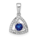 14k White Gold Diamond and Round Blue Sapphire Triangle Pendant