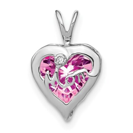 14k White Gold Lab Created Pink Sapphire and Diamond MOM Heart Pendant