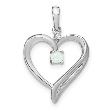 14k White Gold Lab Created Opal and Diamond Heart Pendant