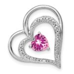 14k White Gold Lab Created Pink Sapphire and Diamond Double Heart Chain Slide