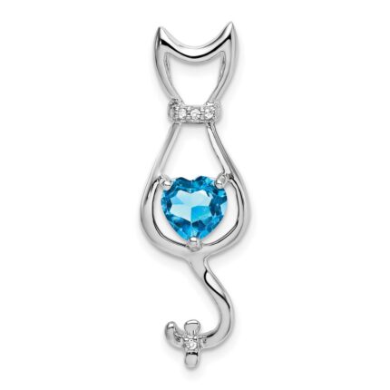 14k White Gold 6mm Heart Blue Topaz and Diamond Cat Chain Slide