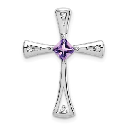 14k White Gold 4mm Square Amethyst and Diamond Cross Chain Slide