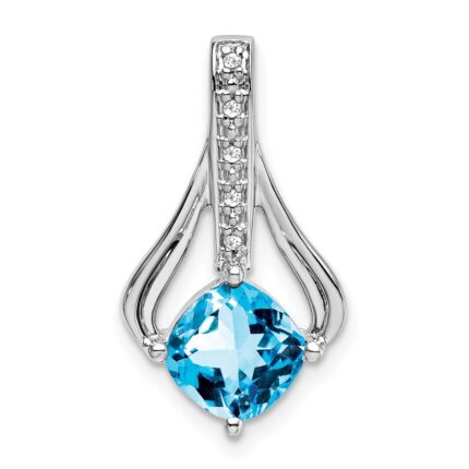 14k White Gold 7mm Cushion Blue Topaz and Diamond Pendant Fits up to 4mm Fancy Omega Only