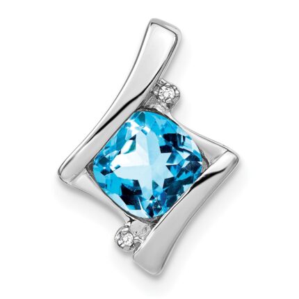14k White Gold 6mm Cushion Blue Topaz and Diamond Chain Slide