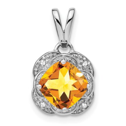 14k White Gold 7mm Cushion Citrine and Diamond Pendant