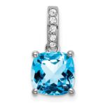 14k White Gold 8mm Cushion Blue Topaz and Diamond Pendant