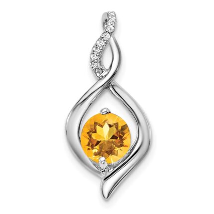 14k White Gold 6.5mm Round Citrine and Diamond Fancy Pendant
