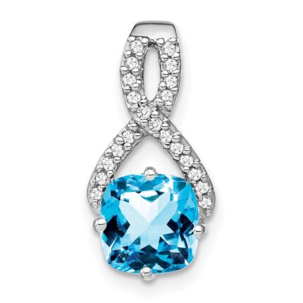 14k White Gold 7mm Cushion Blue Topaz and Diamond Chain Slide