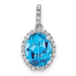 14k White Gold 9x7mm Oval Blue Topaz and Diamond Halo Pendant