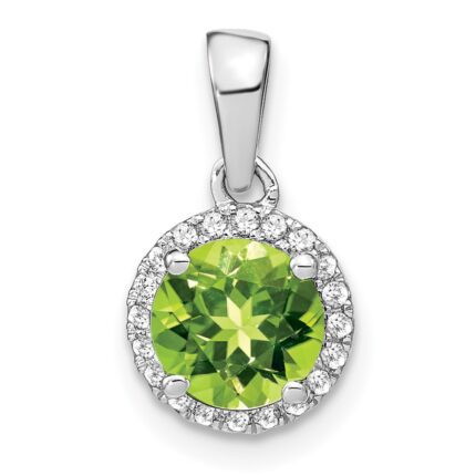 14k White Gold 6.5mm Round Peridot and Diamond Halo Pendant