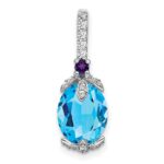 14k White Gold 10x8mm Oval Blue Topaz/Amethyst/Diamond Pendant