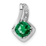 14k White Gold Cushion Lab Created Emerald and Diamond Chain Slide